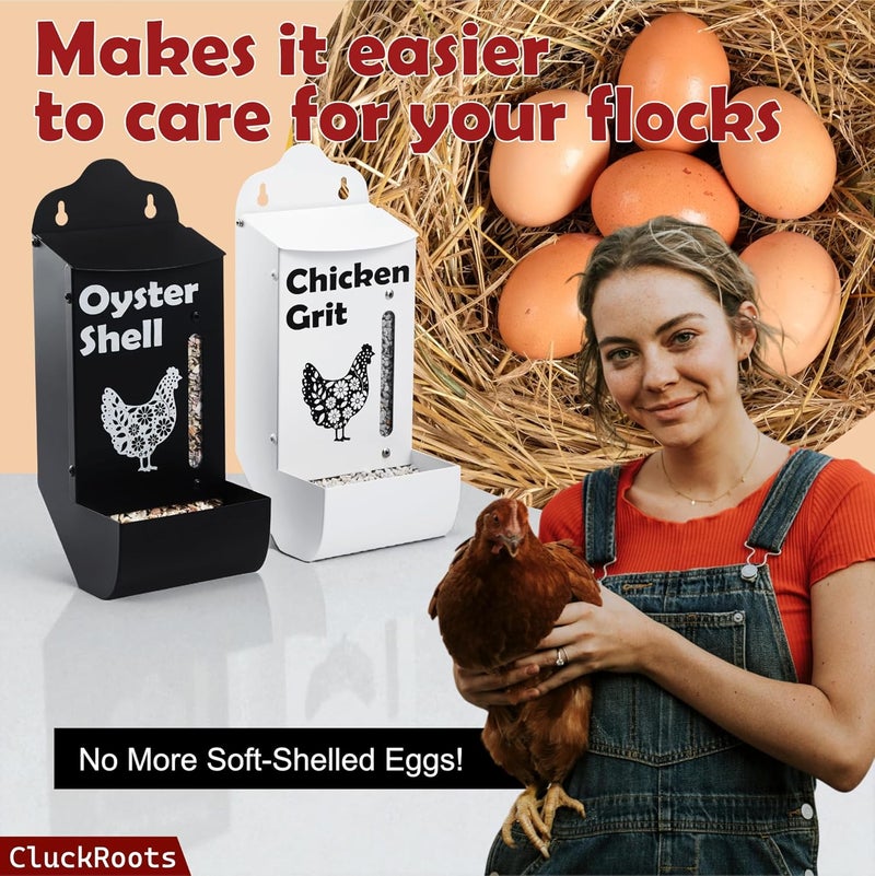 woobud مجموعة أوعية تغذية الدجاج من CluckRoots تحتوي على حبيبات الدجاج وقشور المحار، تصميم مقاوم للعوامل الجوية ومتين، خزان معدني قابل للإزالة ومثبت على الجدار مزود بنافذة مراقبة، إضافات أساسية للعش مصممة لمربي الدجاج المشغولين. - Image 2