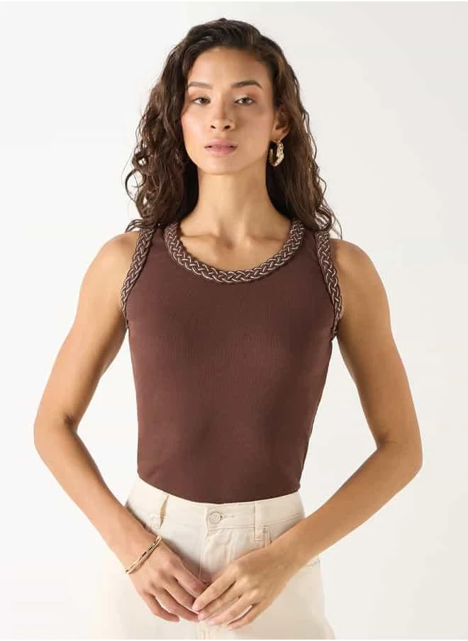 Iconic Iconic Textured Sleeveless Top with Scoop Neck and Braided Detail