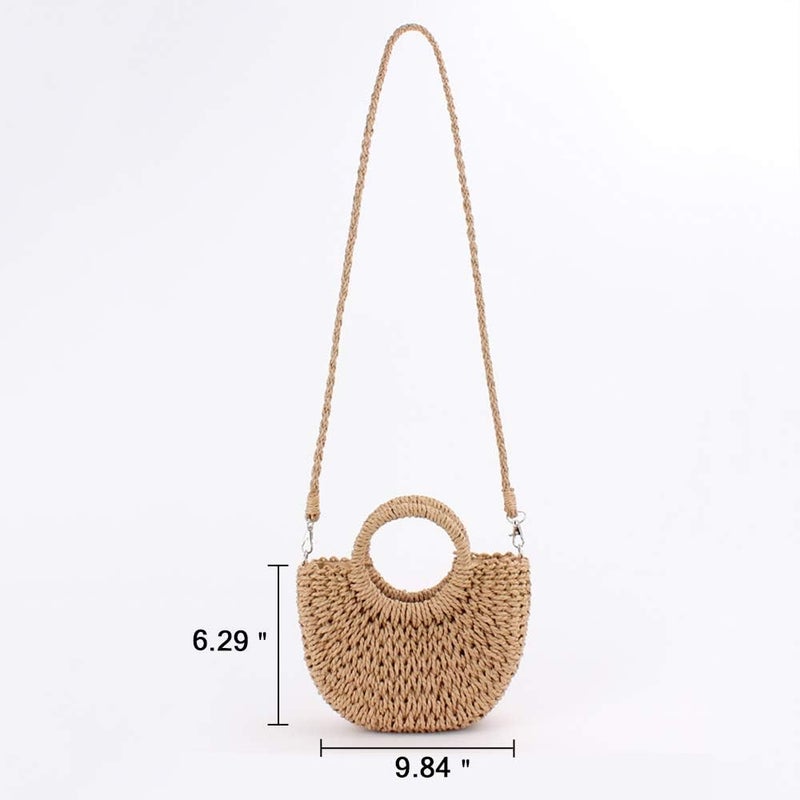 QTKJ Mini Semi-circle Rattan Straw Handbags, Hand-woven Women Summer Retro Straw Tote Bag Beach Tote Shoulder Bag Crossbody Bag Round Handle Beach Handbags - Image 3