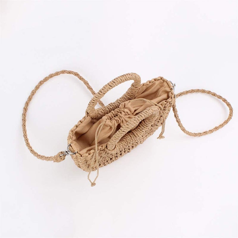QTKJ Mini Semi-circle Rattan Straw Handbags, Hand-woven Women Summer Retro Straw Tote Bag Beach Tote Shoulder Bag Crossbody Bag Round Handle Beach Handbags - Image 5