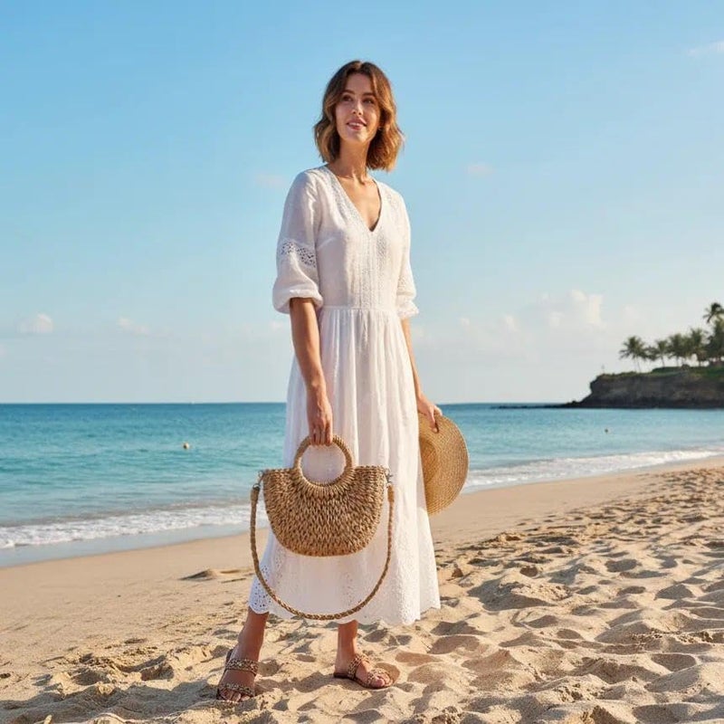 QTKJ Mini Semi-circle Rattan Straw Handbags, Hand-woven Women Summer Retro Straw Tote Bag Beach Tote Shoulder Bag Crossbody Bag Round Handle Beach Handbags - Image 2