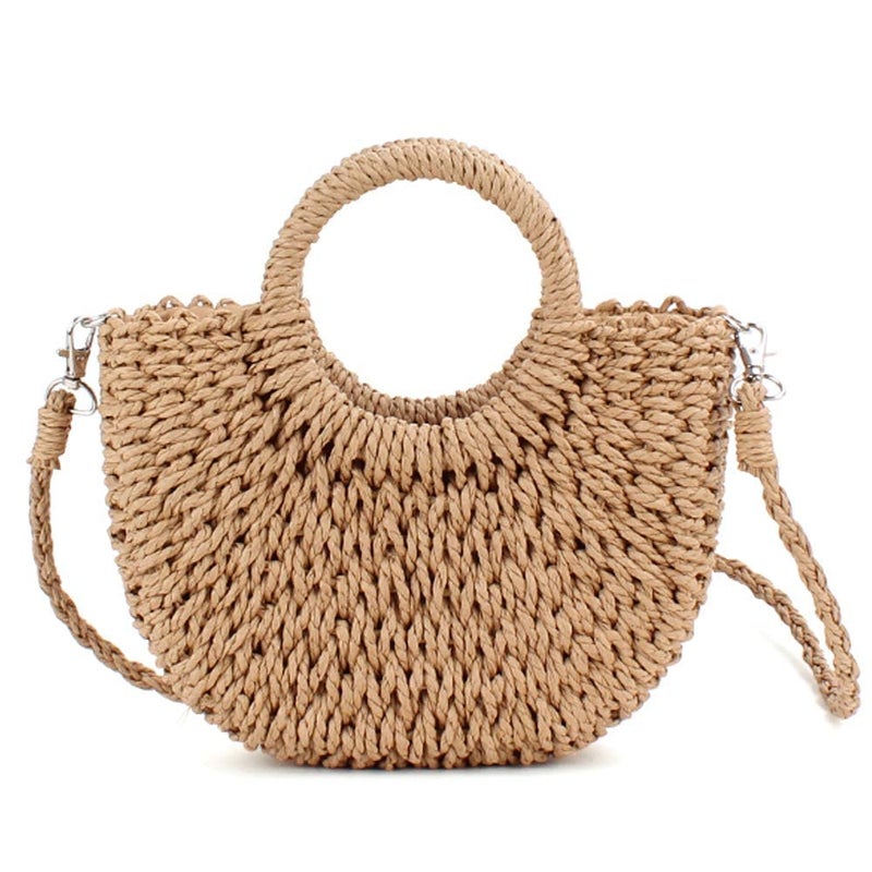 QTKJ Mini Semi-circle Rattan Straw Handbags, Hand-woven Women Summer Retro Straw Tote Bag Beach Tote Shoulder Bag Crossbody Bag Round Handle Beach Handbags - Image 1