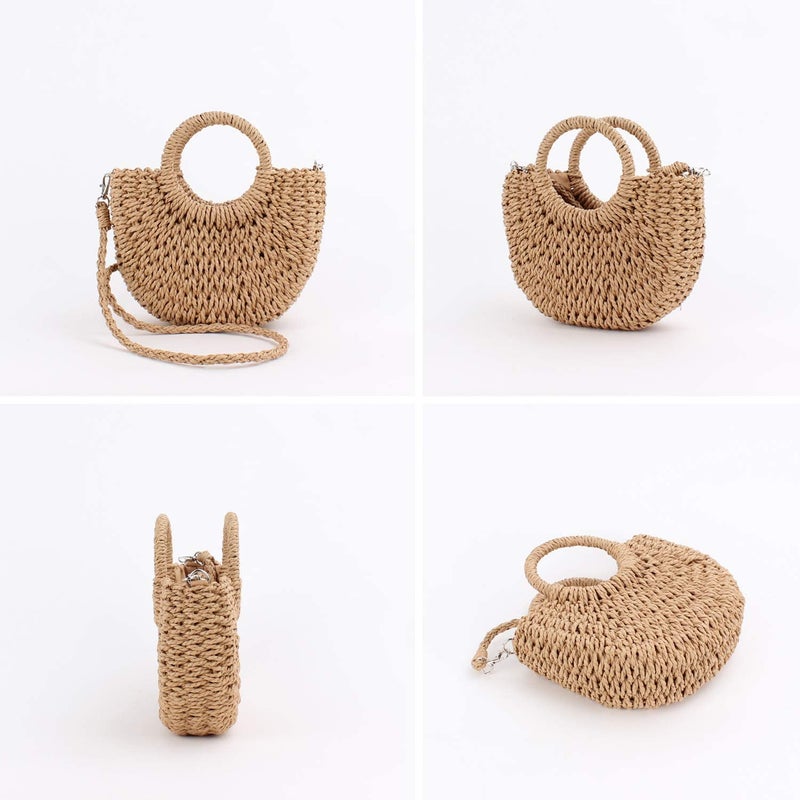 QTKJ Mini Semi-circle Rattan Straw Handbags, Hand-woven Women Summer Retro Straw Tote Bag Beach Tote Shoulder Bag Crossbody Bag Round Handle Beach Handbags - Image 4