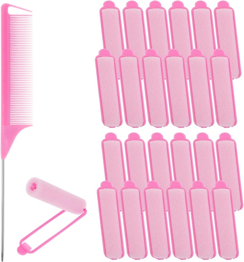 24Pcs Foam Hair Rollers for Women Heatless Sponge Rollers for Hairsleeping Short Thin Mediumhair Foam Sponge Hair Roller and 1 Rat Tail Comb for Hairdressing StylingPink