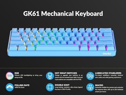 Geeky GK61 60% | Hot Swappable Mechanical Gaming Keyboard | 61 Keys Multi Color RGB LED Backlit for PC/Mac Gamer | ANSI US American Layout (Blue, Mechanical Red) - Image 5