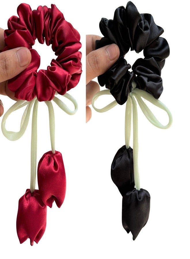 Luxelocks Pack of 3pcs, Satin Hair Scrunchies with Tulip flower, Red White Black, Elastic Hair Ties for girls & women - Image 3