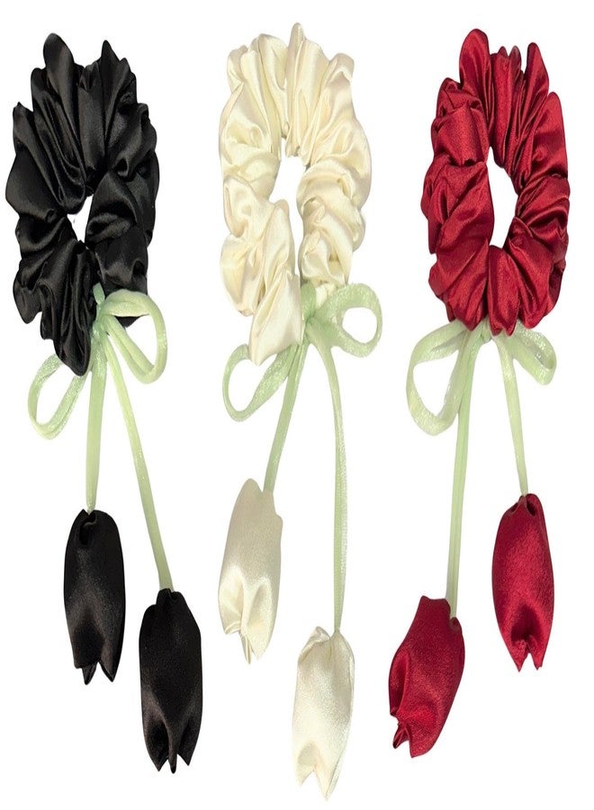Luxelocks Pack of 3pcs, Satin Hair Scrunchies with Tulip flower, Red White Black, Elastic Hair Ties for girls & women - Image 5