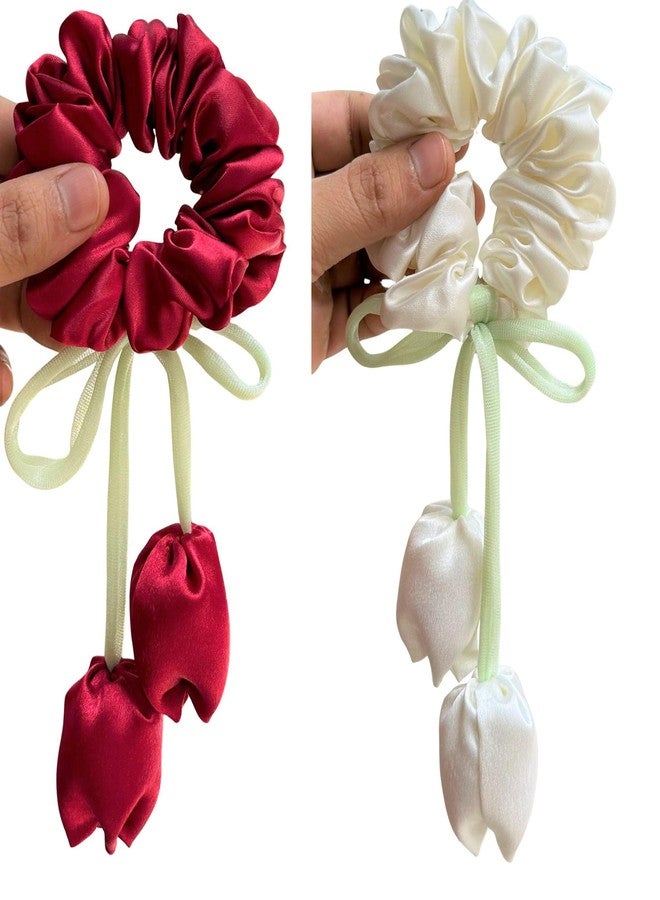 Luxelocks Pack of 3pcs, Satin Hair Scrunchies with Tulip flower, Red White Black, Elastic Hair Ties for girls & women - Image 4