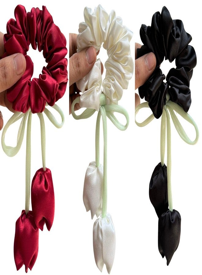 Luxelocks Pack of 3pcs, Satin Hair Scrunchies with Tulip flower, Red White Black, Elastic Hair Ties for girls & women - Image 2