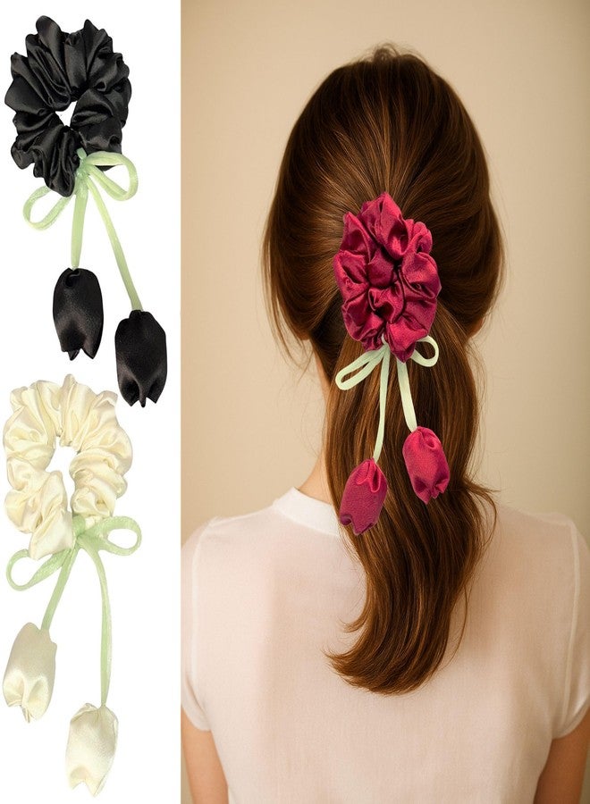 Luxelocks Pack of 3pcs, Satin Hair Scrunchies with Tulip flower, Red White Black, Elastic Hair Ties for girls & women - Image 1