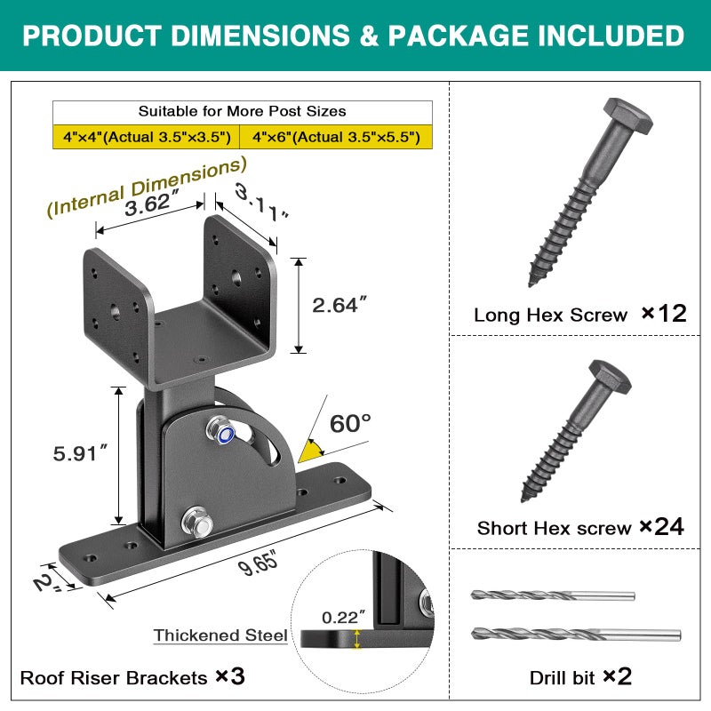 Antsky Pergola Brackets 4x4 (Actual Size:3.5"Ã—3.5") Adjustable Angles Saddle Roof Riser Brackets for Patio Cover 304 Stainless Steel Pergola Bracket Kit Patio Roof Riser Patio Kit, 3Pack - Image 4