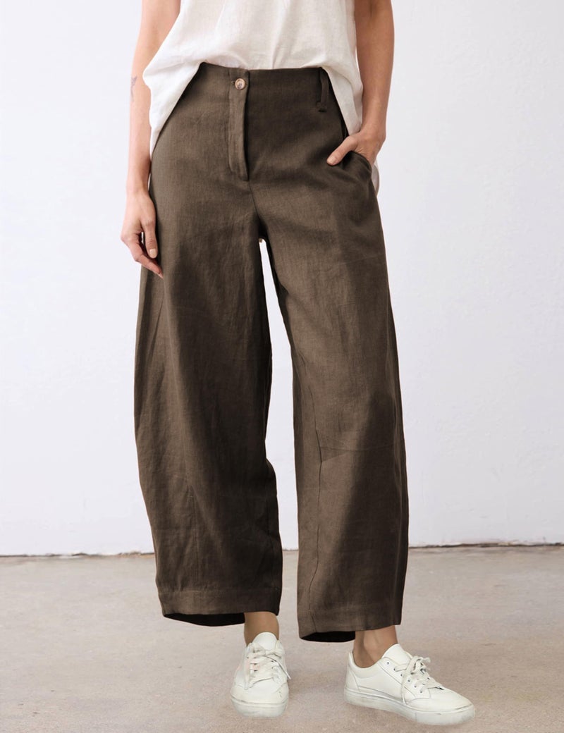 Tanming Womens Linen Pants Casual Capri Baggy Wide Leg Trousers Palazzo Pants Beach Vacation Outfits (Coffee-L) - Image 2