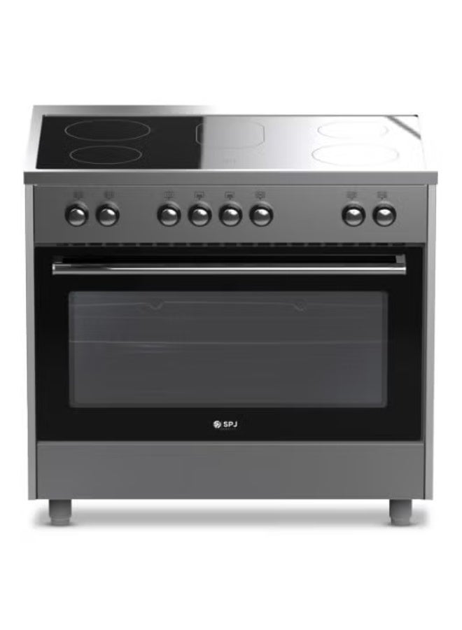 SPJ 90x60cm Standing Electric Cooker with 110L Oven, Vitro Ceramic Hob 5 Zones, Electric Grill, Mechanical Timer, Adjustable Legs, Silver - Image 1