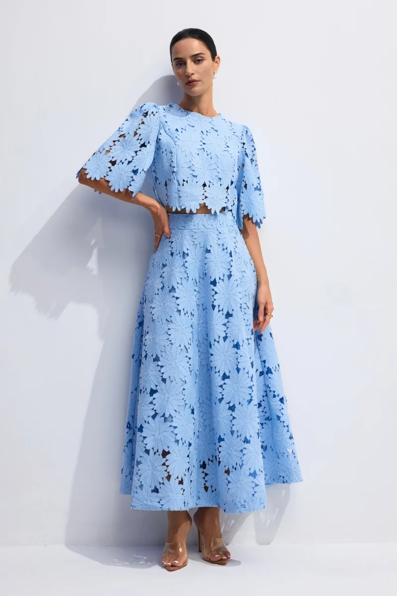 سنفير Madeline Lace Embroidered Top & Maxi Skirt Set