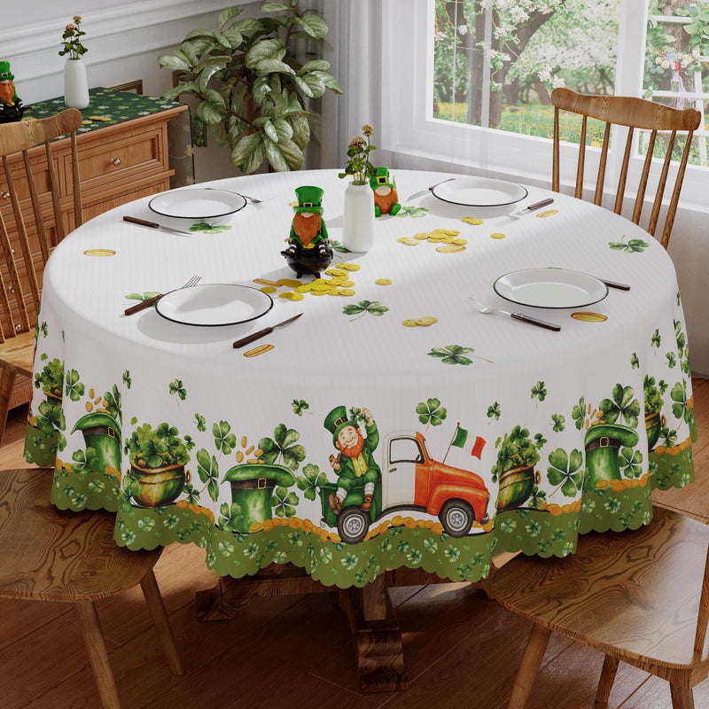 Siilues St Patricks Day Round Tablecloth 60x60 Inch, Washable Green Shamrock Lucky St Patricks Tablecloth Spring Waterproof Scalloped Edge Table Cloth Home Party Picnic Table Decorations - Image 1