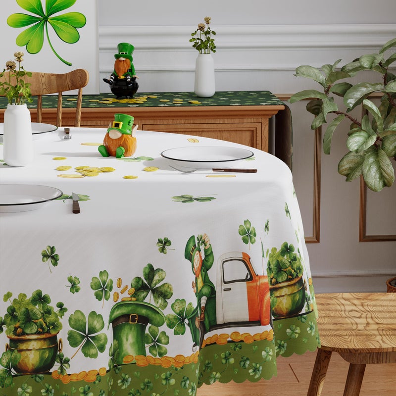 Siilues St Patricks Day Round Tablecloth 60x60 Inch, Washable Green Shamrock Lucky St Patricks Tablecloth Spring Waterproof Scalloped Edge Table Cloth Home Party Picnic Table Decorations - Image 2