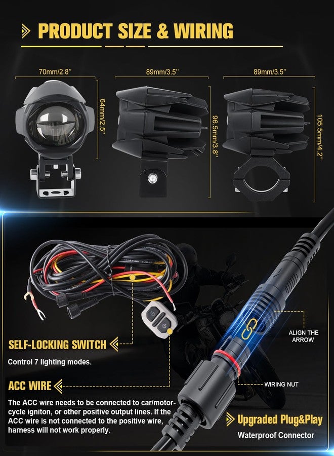 CO LIGHT LED Motorcycle Fog Lights 60W 18000LM Driving Auxiliary Lights 7 Modes Amber White Light Combo with Waterproof Wire Harness Kit, Universal Fit for Motorcycle SUV ATV UTV, 2PCS - Image 2