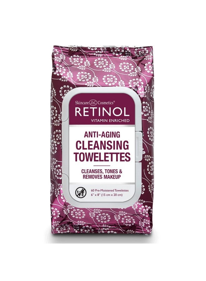 Retinol Anti-Aging Cleansing Towelettes - All-in-One Cleanser, Toner & Makeup Remover in a Convenient Pre-Moistened Wipe - On-The-Go Exfoliating, Toning & Hydrating Leaves Skin Clean, Fresh & Refined