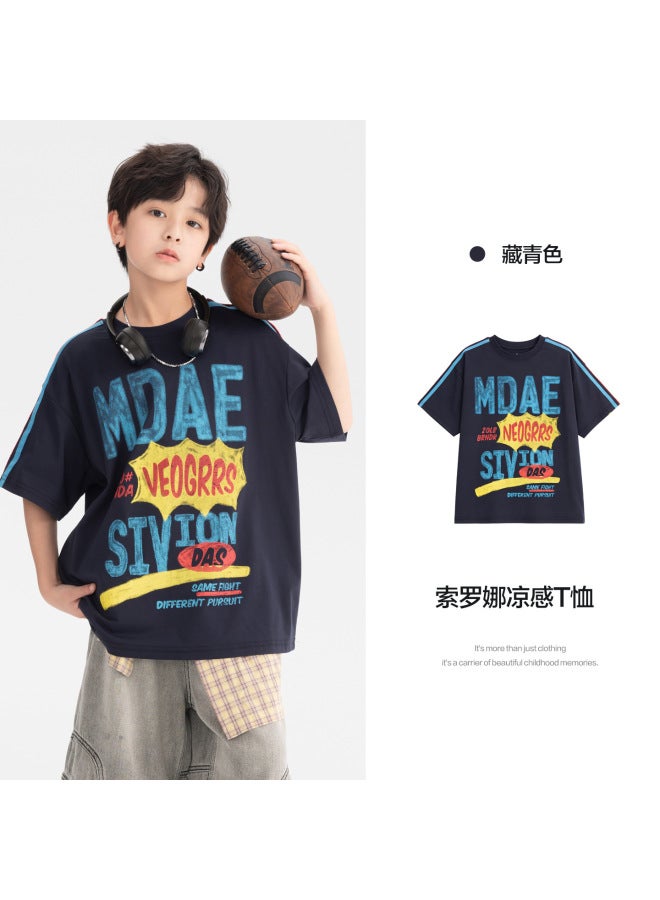 Boys' Summer Contrast Letter Graffiti Short Sleeve T-shirt  New Style Ice Feeling Half Sleeve Top For Teens And Children