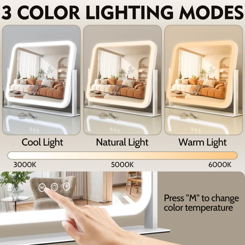 ROLOVE Lighted Makeup Mirror, 17"x13" Vanity Mirror with Lights, 10X Magnification, Gifts for Women, 3 Color Lighting Modes, Smart Touch Control, 360Â° Rotation for Bedroom or Tabletop (White) - Image 4