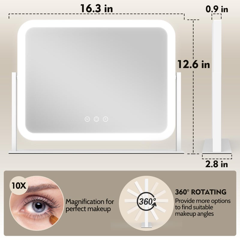 ROLOVE Lighted Makeup Mirror, 17"x13" Vanity Mirror with Lights, 10X Magnification, Gifts for Women, 3 Color Lighting Modes, Smart Touch Control, 360Â° Rotation for Bedroom or Tabletop (White) - Image 2