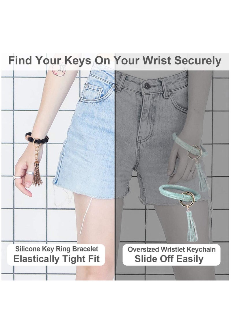 Silicone Key Ring, Key Ring Bracelet Wristlet Keychain Silicone Beaded Bangle Chains for Women with Leather Tassel