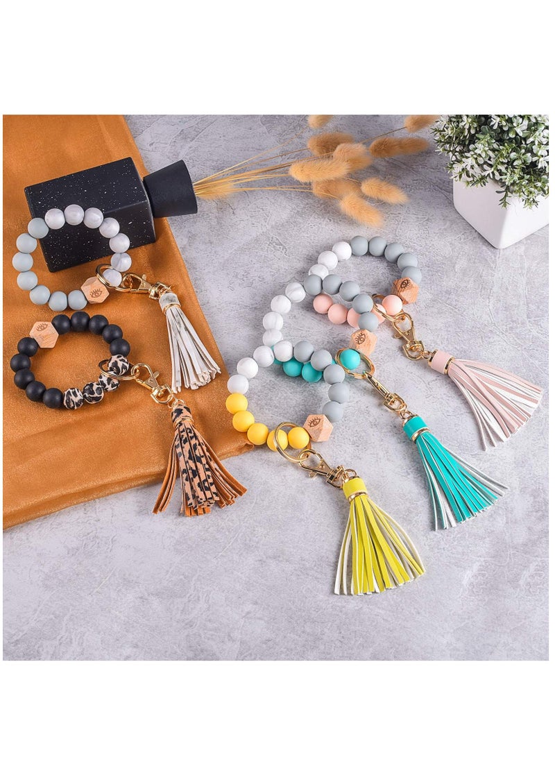 Silicone Key Ring, Key Ring Bracelet Wristlet Keychain Silicone Beaded Bangle Chains for Women with Leather Tassel