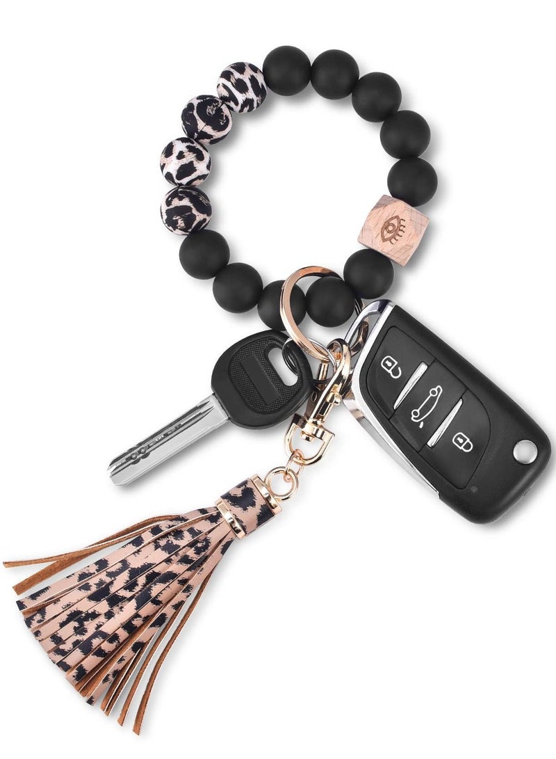Silicone Key Ring, Key Ring Bracelet Wristlet Keychain Silicone Beaded Bangle Chains for Women with Leather Tassel