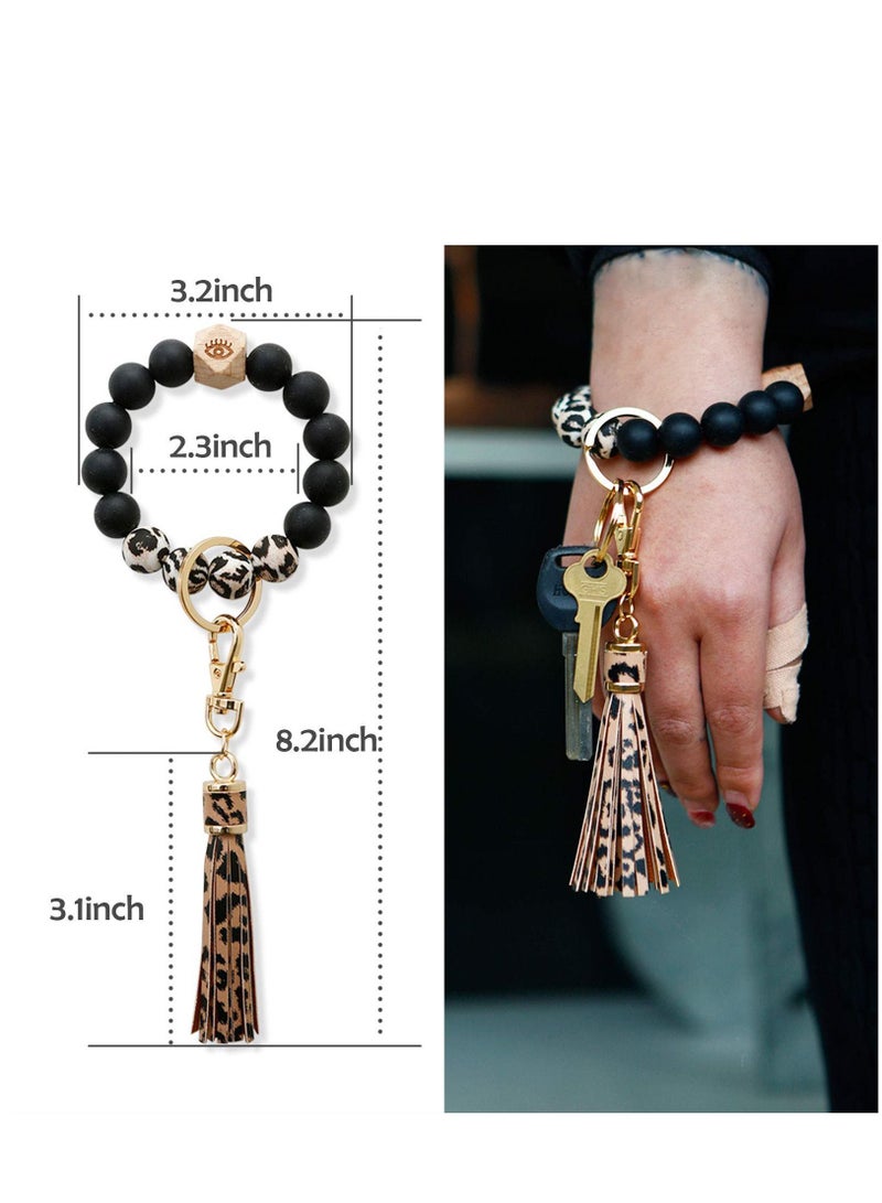 Silicone Key Ring, Key Ring Bracelet Wristlet Keychain Silicone Beaded Bangle Chains for Women with Leather Tassel