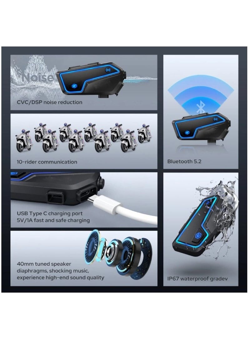 AROAQ Bluetooth Motorcycle Helmet Headset GX10 10 Riders BT Intercom with FM Radio and Speaker 3Pcs - Image 3