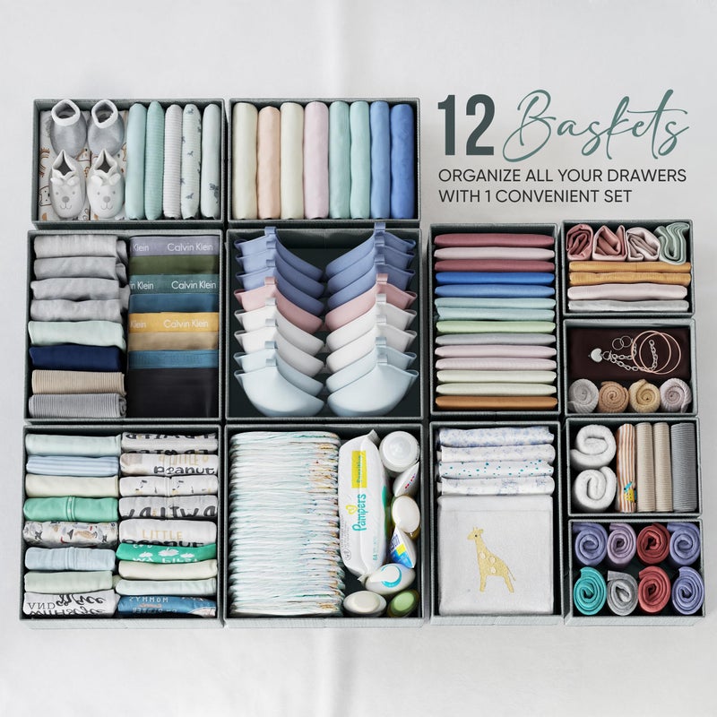 NEATERIZE Drawer Organizer Clothes Set of 12 Grey - Dresser Organizer For Nursery, Bedroom, Closet - The Perfect Baby Clothes Organizer and Storage & General Nursery Organization or Dresser Drawer Organizers - Image 3
