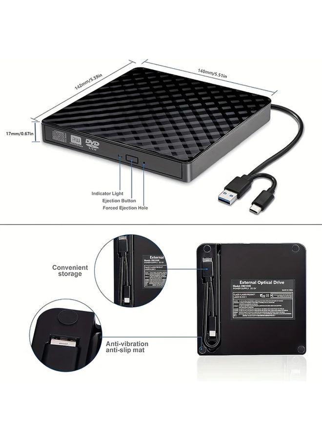 محرك أقراص CD / DVD خارجي محمول أسود USB 3.0 و USB-C ، قراءة 24x ، كتابة 8x - Image 2