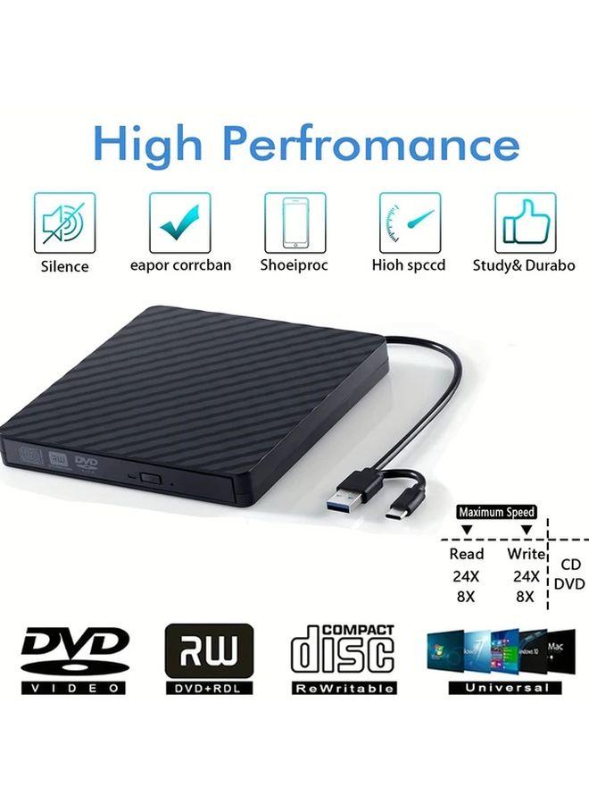محرك أقراص CD / DVD خارجي محمول أسود USB 3.0 و USB-C ، قراءة 24x ، كتابة 8x - Image 5