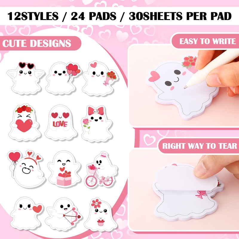 Yinder 24 Pads Valentines Ghost Sticky Notes Boo Cartoon Fun Sticky Notes Pads Bulk Valentines Red Pink Flowers Hearts Self Adhesive Gift for Kids Classroom School Office Party Supplies - Image 3