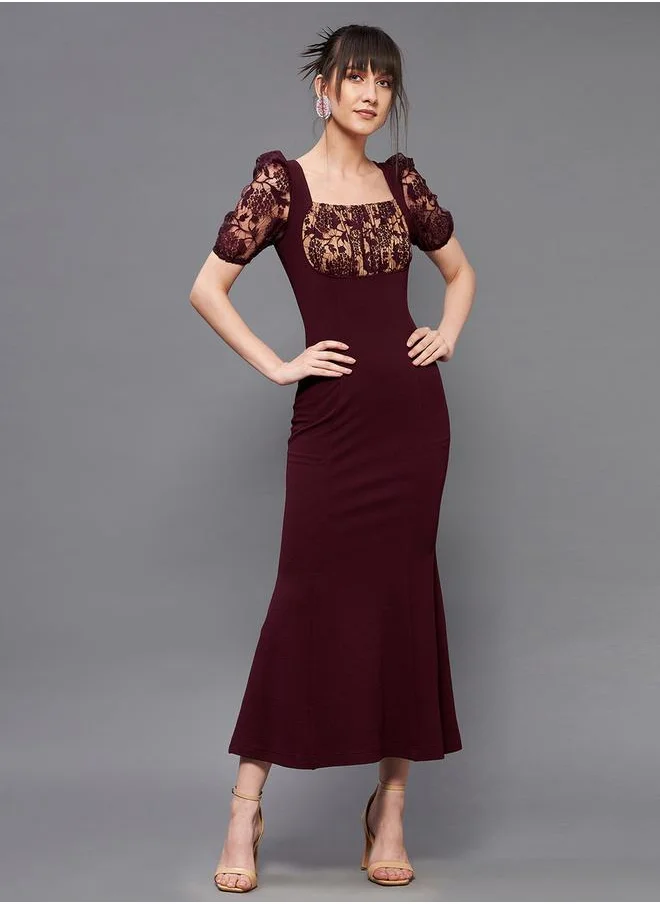 مس تشايس Lace Square Neck Puff Sleeve Bodycon Midi Dress