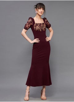 Lace Square Neck Puff Sleeve Bodycon Midi Dress by Styli