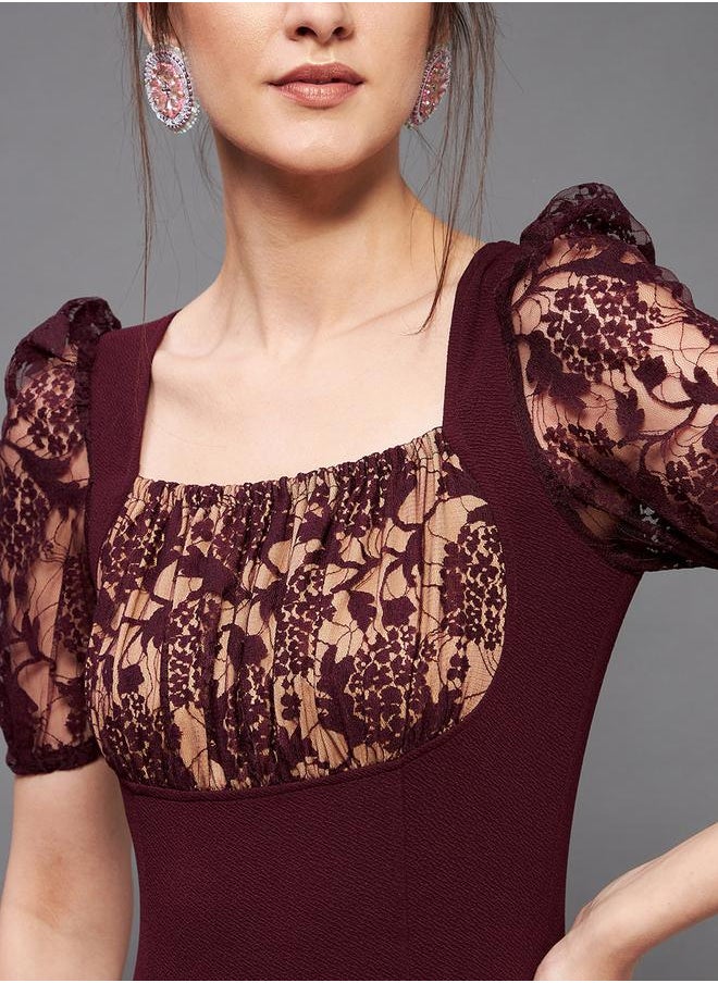 Miss Chase - Lace Square Neck Puff Sleeve Bodycon Midi Dress by Styli - Image 1