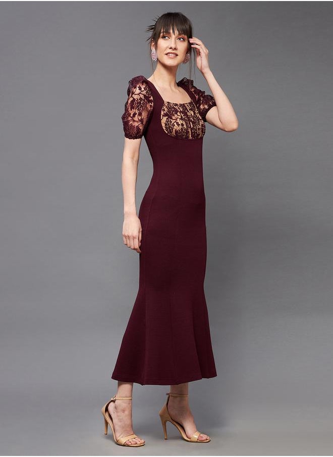 Miss Chase - Lace Square Neck Puff Sleeve Bodycon Midi Dress by Styli - Image 1