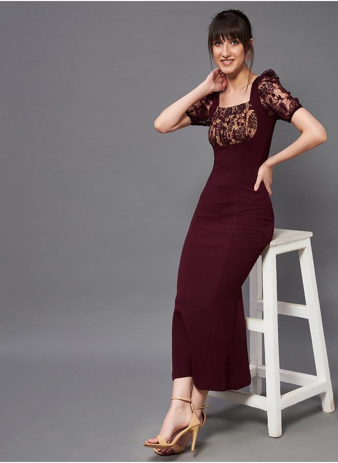 Miss Chase - Lace Square Neck Puff Sleeve Bodycon Midi Dress by Styli - Image 1