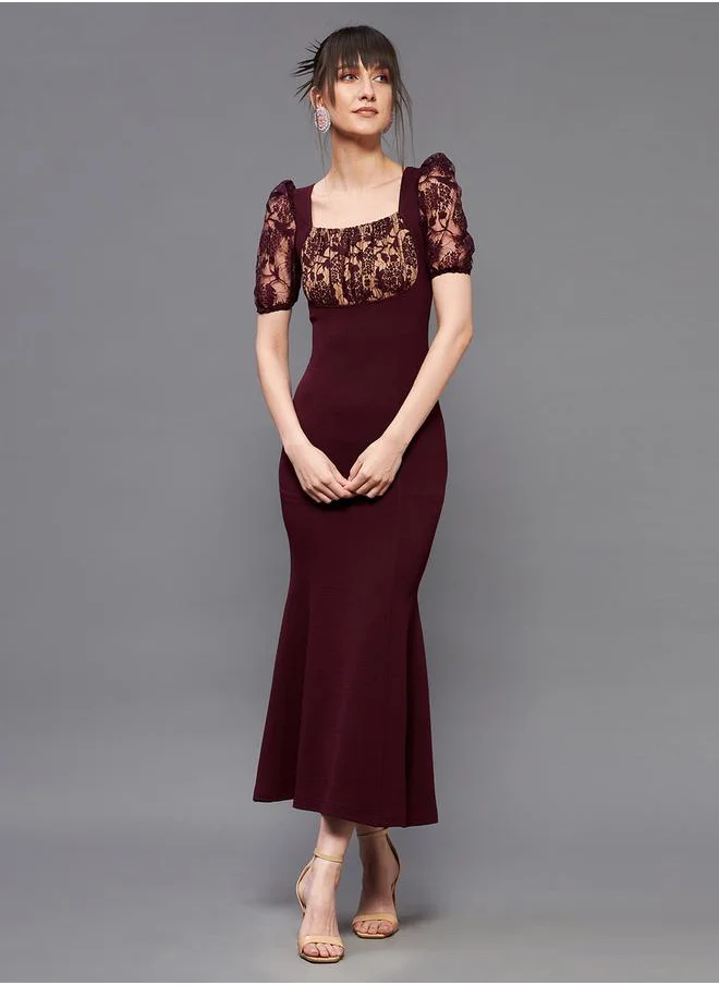 Miss Chase Lace Square Neck Puff Sleeve Bodycon Midi Dress