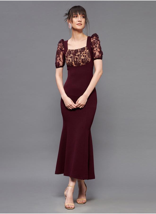 Miss Chase - Lace Square Neck Puff Sleeve Bodycon Midi Dress by Styli - Image 1