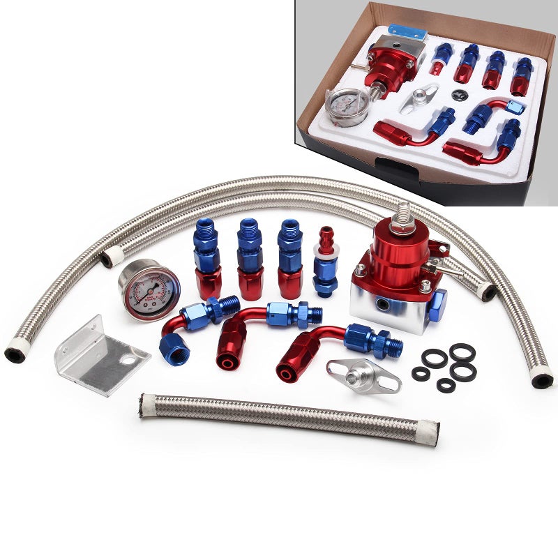 WENJTP Aluminum Adjustable Universal EFI Fuel Pressure Regulator Kit with 0100psi Pressure Gauge AN66AN Fuel Line Hose Fitting Connectors Kit BlueRed HTRACING