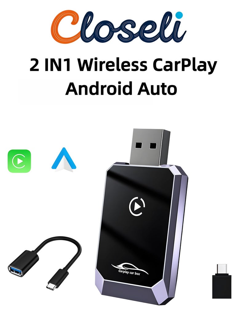 Closeli 2-in-1 Wireless CarPlay & Android Auto Adapter, Plug and Play CarPlay Dongle, Convert Wired CarPlay to Wireless, USB-A & Type-C Compatible, Fast Bluetooth WiFi, Compact Mini Design, Online Upgrade - Image 1