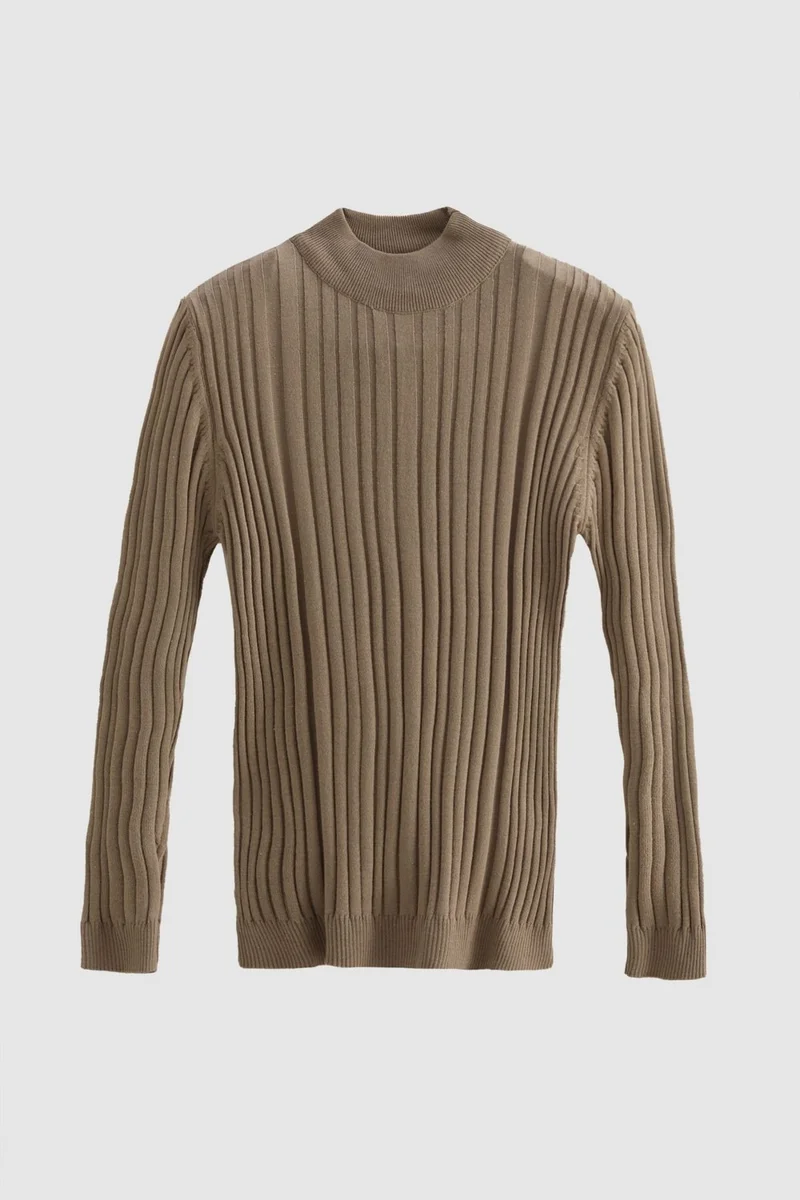 D'S DAMAT Slim Fit Beige Corduroy Cotton Blend Half Turtleneck Slim Fit Body-hugging Knitwear Sweater 5HF06ORT64100