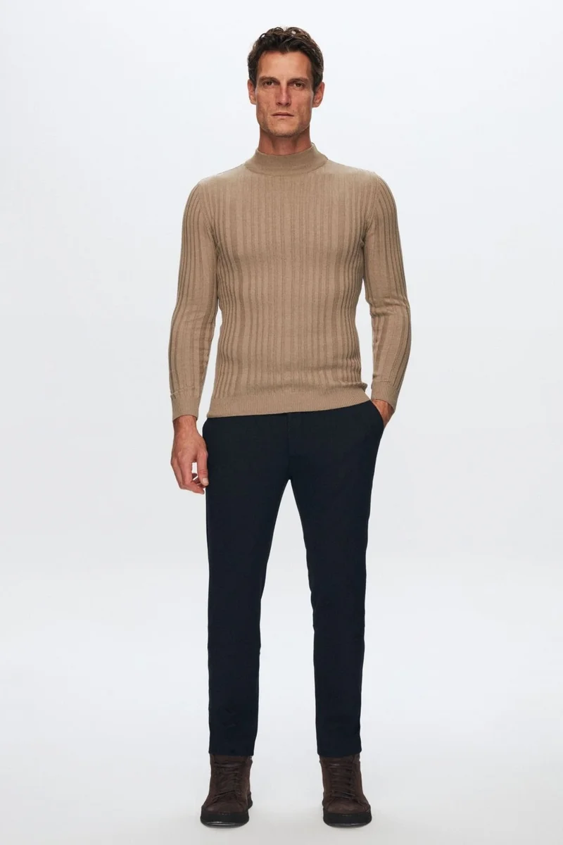 D'S DAMAT Slim Fit Beige Corduroy Cotton Blend Half Turtleneck Slim Fit Body-hugging Knitwear Sweater 5HF06ORT64100