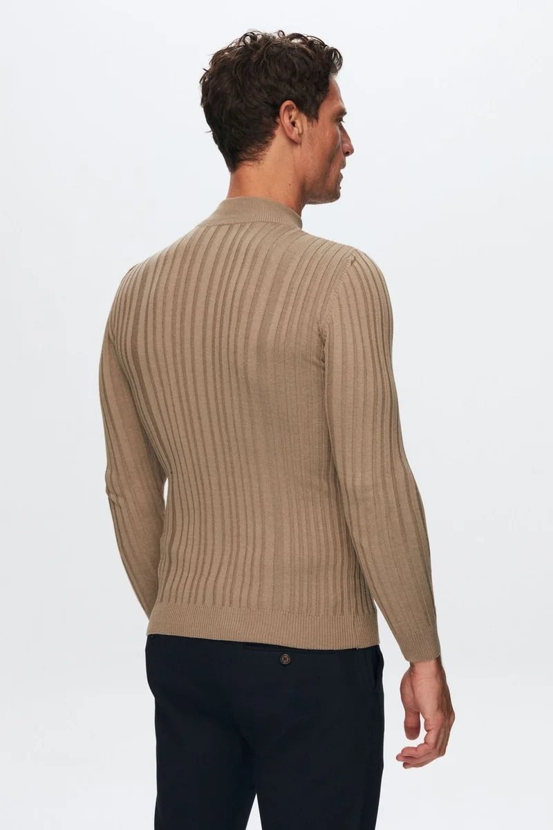 D'S DAMAT Slim Fit Beige Corduroy Cotton Blend Half Turtleneck Slim Fit Body-hugging Knitwear Sweater 5HF06ORT64100
