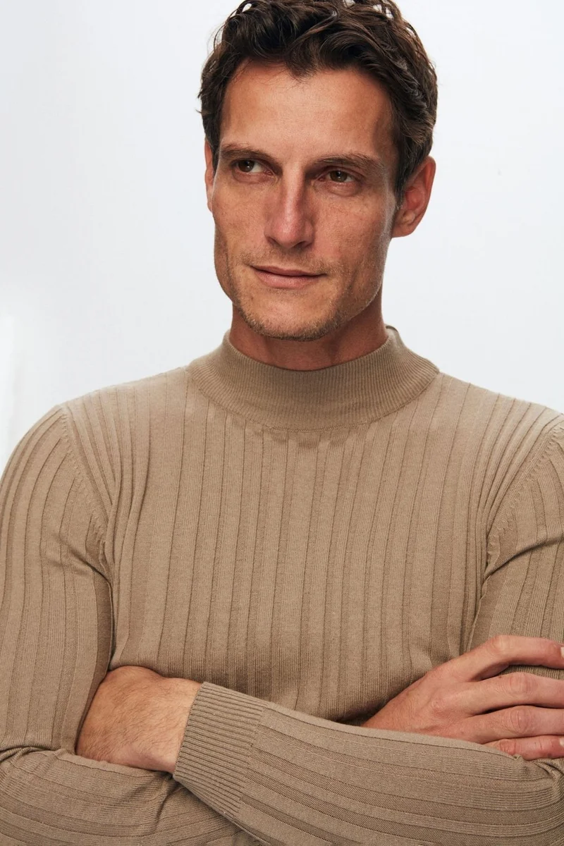 D'S DAMAT Slim Fit Beige Corduroy Cotton Blend Half Turtleneck Slim Fit Body-hugging Knitwear Sweater 5HF06ORT64100