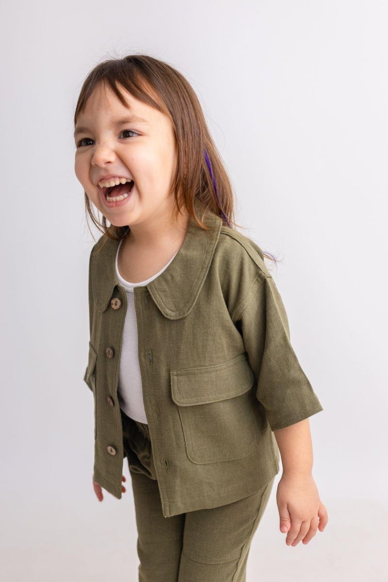Oliven The Kid Khaki Linen Baby Collar Front Buttoned Flap Pocket Short Sleeve Girl Jacket - Image 4