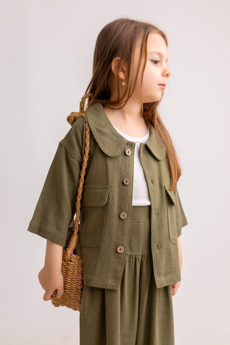 Oliven The Kid Khaki Linen Baby Collar Front Buttoned Flap Pocket Short Sleeve Girl Jacket - Image 1