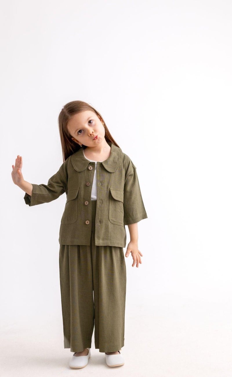 Oliven The Kid Khaki Linen Baby Collar Front Buttoned Flap Pocket Short Sleeve Girl Jacket - Image 5